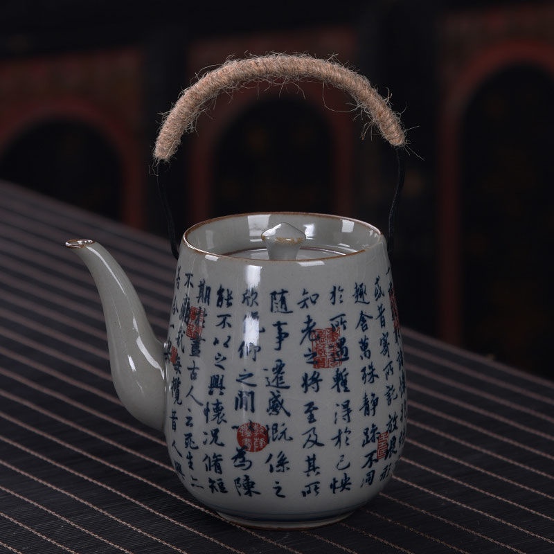 陶瓷茶壺茶杯複古蘭亭序提樑壺傢用中式泡茶壺涼水壺辦公青花單壺