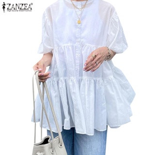 Zanzea 女式韓版休閒寬鬆圓領短袖下擺荷葉邊襯衫