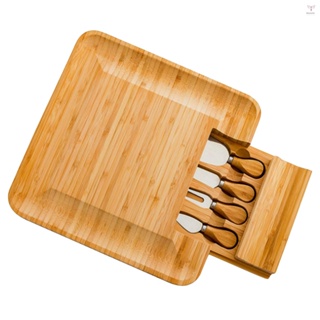 起司板帶刀套裝 起司拼盤 木製起司板套裝 起司托盤 滑出式抽屜中四種不同的工具 竹方形熟食和特殊起司板