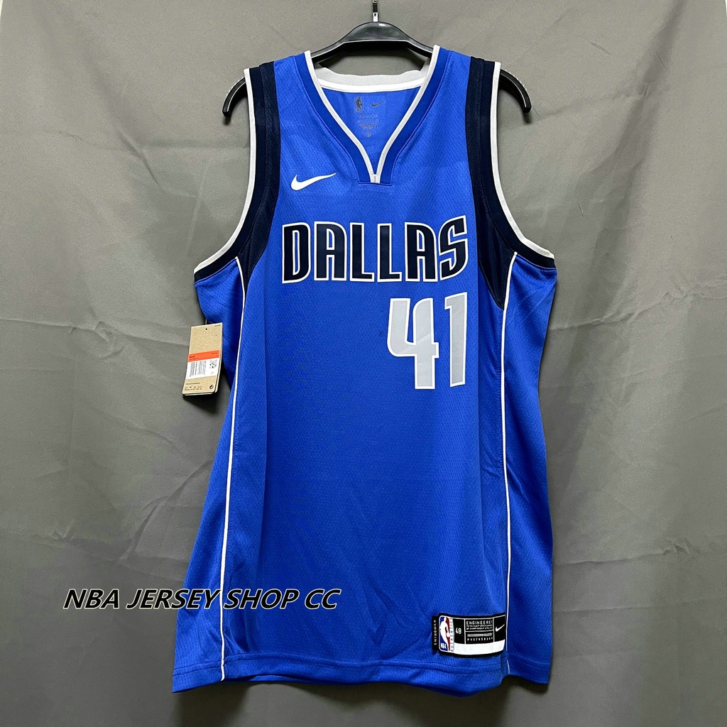 男式全新原創 NBA 達拉斯小牛隊 #41 Dirk Nowitzki Icon Edition 球衣熱壓藍色
