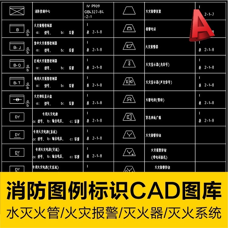 CAD 消防圖例標識圖庫水滅火管火災報警控制系統手提推車式滅火器