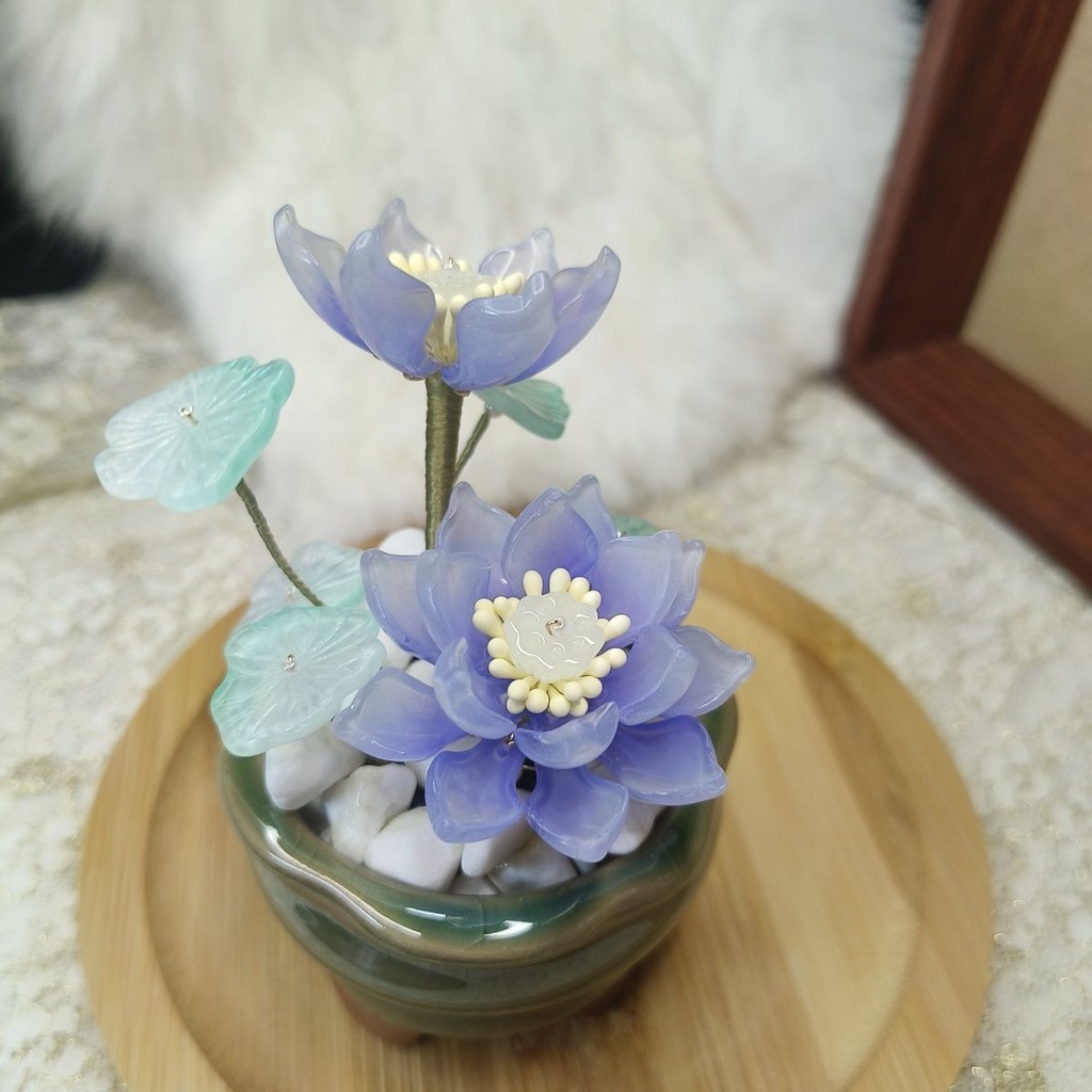 【C 想】藍蓮花 琉璃 盆栽 擺件 中國風 永生花 客廳 玄關 辦公室