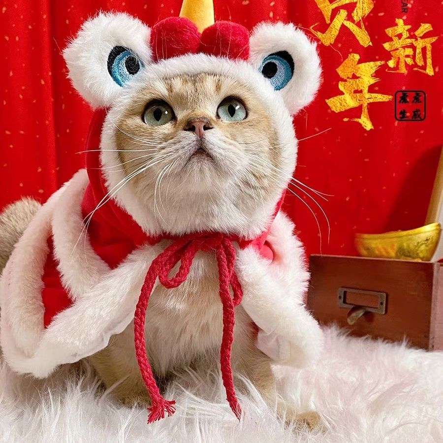 🔥台灣出貨🔥新年喜慶加絨舞獅披風斗篷寵物貓咪衣服狗狗拜年裝扮帽子
