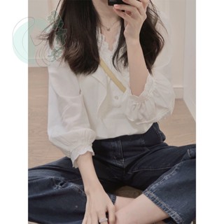 法式白色蕾絲荷葉邊v領襯衫女襯衣春夏季高階設計感別致小衫上衣|襯衫|寬鬆襯衫|大尺碼襯衫