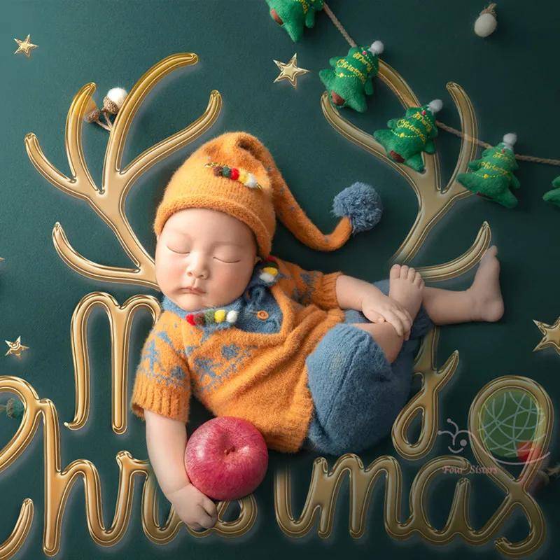 🎀CYMMHCM新生兒攝影圣誕主題服裝嬰兒拍照針織帽子上衣褲子三件套影樓寶寶照相道具滿月照寫真造型衣服寶貝成長紀念禮物