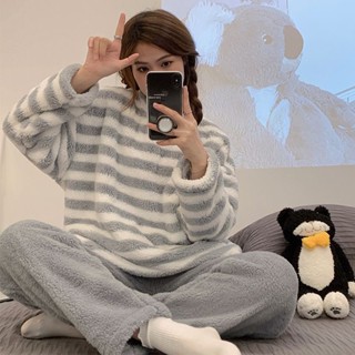 珊瑚絨睡衣女 刷毛加厚條紋居家服 法蘭絨可外穿套裝