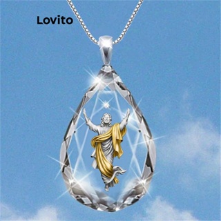 Lovito 休閒素色水滴金屬圖案不鏽鋼耶穌水晶吊墜項鍊女式 LCS01014 (金色)