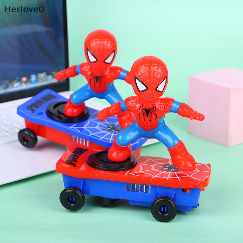 Herlove New Toys 蜘蛛俠自動翻轉旋轉滑板電動音樂玩具特技滑板車聖誕禮物聲光車 TW