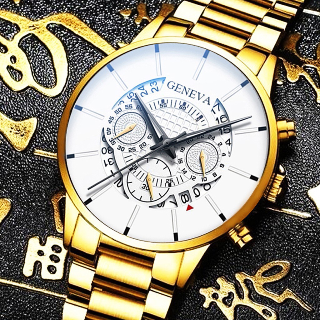 男士GENEVA石英錶簡約商務手錶男腕錶日曆鋼帶手錶