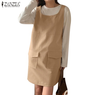 Zanzea 女式韓版時尚休閒純色寬鬆口袋連衣裙