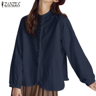 Zanzea 女式韓版休閒立領弧形下擺寬鬆純色襯衫
