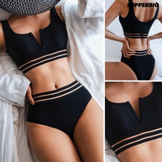 [PG]泳裝女士泳衣分體素色黑色板帶高腰比基尼V領bikini