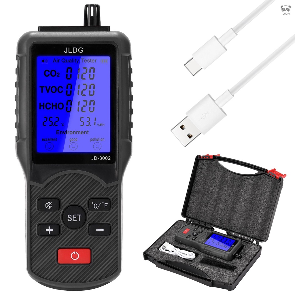 JD-3002八合一空氣質量檢測儀 CO2 TVOC多功能檢測儀 溫溼度監測儀  帶電池 帶USB線 帶德文說明書出貨
