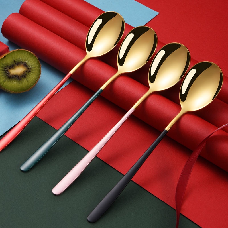 ✘韓系餐具✘現貨 勺子  加厚  不鏽鋼 家用 長柄 吃飯西瓜湯叉子學生 餐具 創意兒童網紅小圓