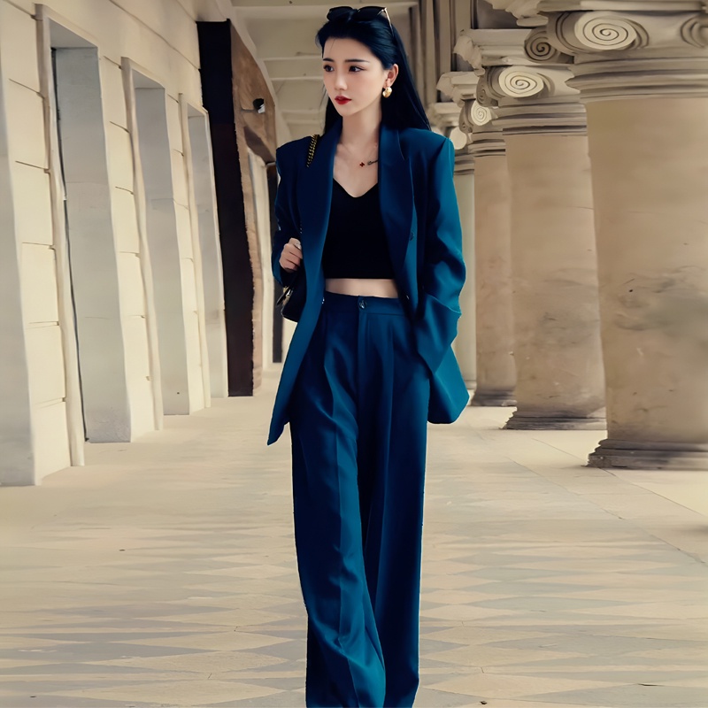 Miguo_高級感深藍色廓形西裝外套女 闊腿褲兩件套裝 辣妹炸街穿搭 兩件式套裝_3099