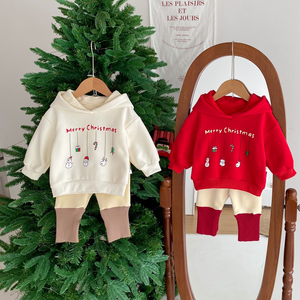 男嬰女童套裝0-3歲嬰童衣服聖誕新年純棉保暖新生嬰兒長袖上衣配褲子兩件套装