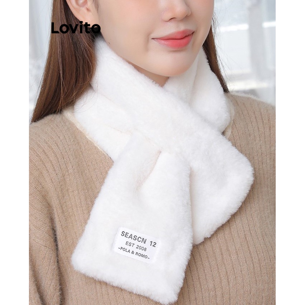 Lovito 女用休閒素色貼片毛絨保暖圍巾 LFA11186
