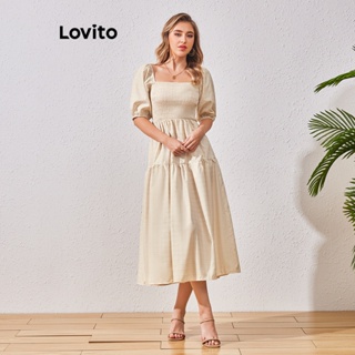 Lovito 女士休閒格紋縮褶泡泡袖洋裝 LBL07101