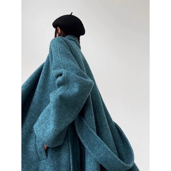 藍嶼海灣藍色羊毛大衣女2023冬季加長款氣質混紡斗篷雙面毛呢外套