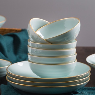 碗碟套裝 家用中式簡約景德鎮影青餐具套裝 描金青釉陶瓷碗盤組合
