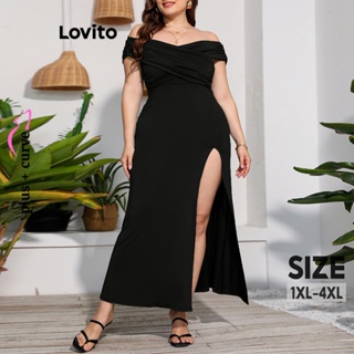 Lovito 女款大尺碼曲線優雅素色開衩露肩洋裝 LNL38047 (綠色/黑色)