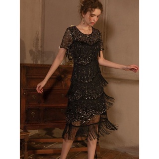 Babeyond 女式 1920 年代擋板連衣裙,圓領大蓋茨比流蘇連衣裙,帶袖,適合正式/派對/舞會/俱樂部/婚禮