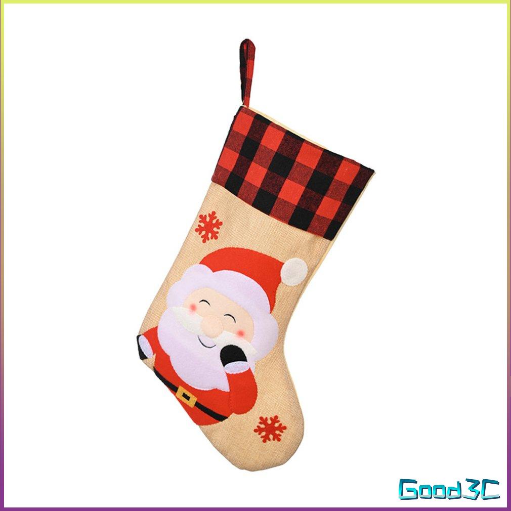 [GooD] Sdw008聖誕襪裝飾用品紅黑格子冬季保暖亞麻聖誕卡通老人禮物襪子 [Q/2]