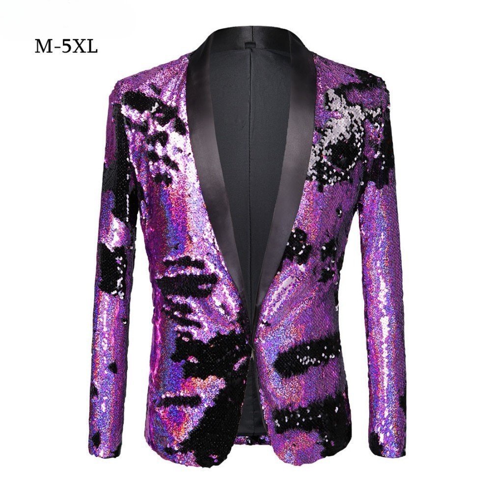 【sequin suit】潮男雙色紫黑翻亮片西裝外套 時尚朋克夜店酒吧DJ歌手服裝 CLRV