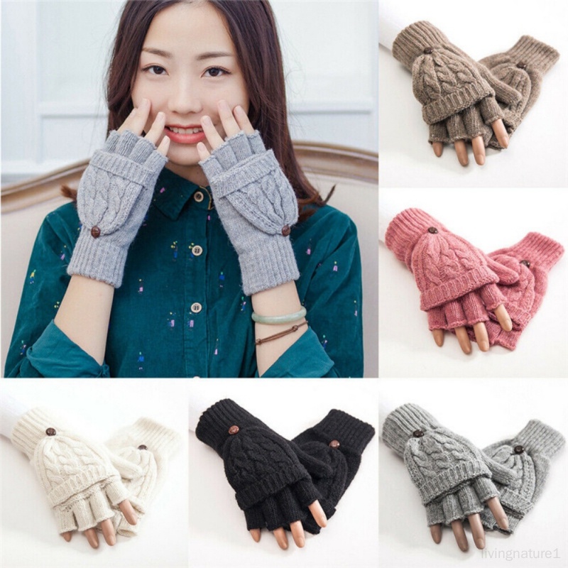 羊毛手套女士冬季韓版兔毛加厚保暖針織羊毛針織半指翻蓋手套