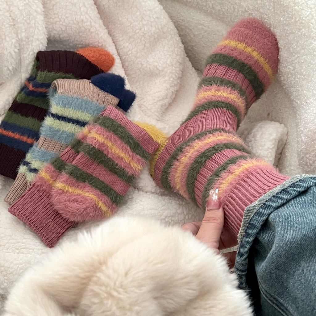 冬天加厚粗線條紋拼色毛絨襪ins仿貂絨外穿中筒襪女保暖防臭長襪