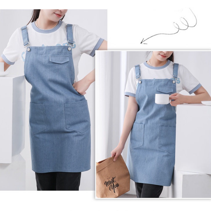 韓版時尚牛仔布料圍裙奶茶咖啡店工作服可印字訂製LOGO