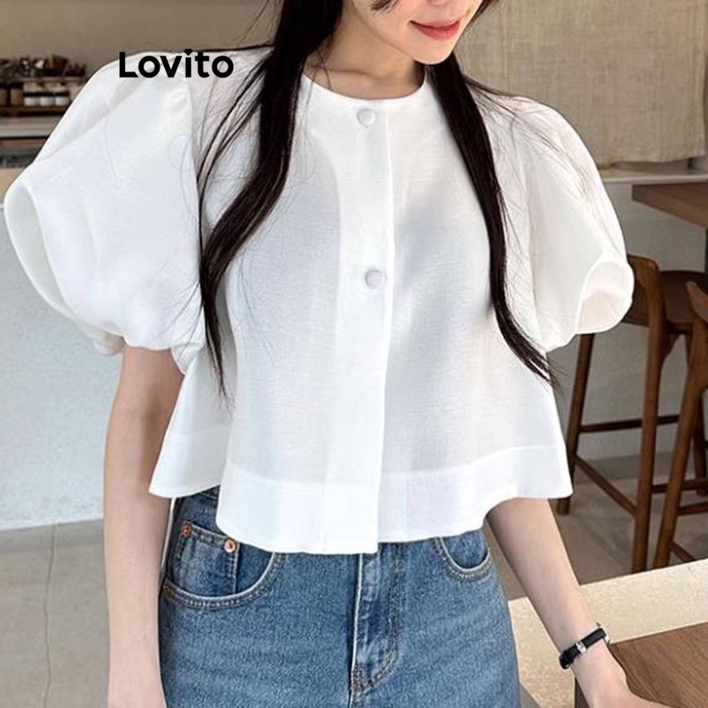 Lovito 女式優雅純色泡泡袖襯衫 LNE17222 (白色)
