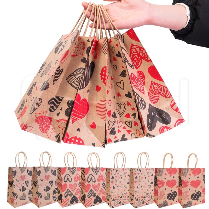 情人節禮物袋 - 愛心圖案牛皮紙袋 - 帶把手的禮品包裝盒 - 糖果餅乾袋 - 情人節 - 婚禮派對禮物存儲