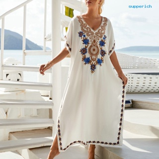 [加一時尚館]女士沙灘罩衫繡花度假長袍洋裝
