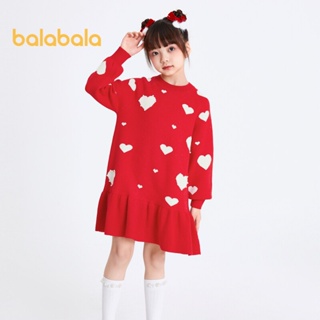 Balabalagirl紅色連衣裙兒童連衣裙新款春季新年中大童冬季愛心針織連衣裙