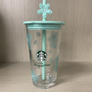 STARBUCKS 免費杯墊450ml星巴克抹茶綠櫻花限量版透明玻璃雙飲口咖啡飲水杯
