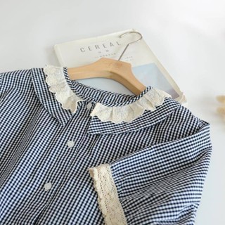 品牌女裝原單//品控嚴格/2023夏裝新款日系學院風蕾絲翻領格子短袖襯衫女寬鬆小清新上衣