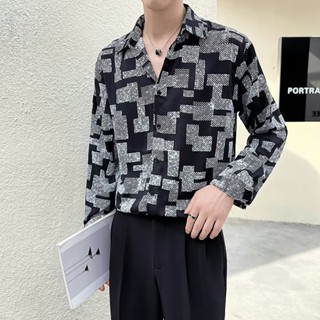 男士高階感襯衫長袖 休閒風痞帥寸衫 2023新款春秋季花襯衫外套 男裝 黑色長袖襯衫男 寬鬆休閒襯衫 M-3XL