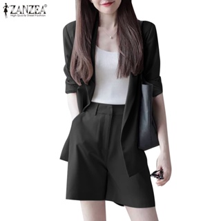 Zanzea 女式韓版 3/4 袖上衣拉鍊口袋短褲套裝