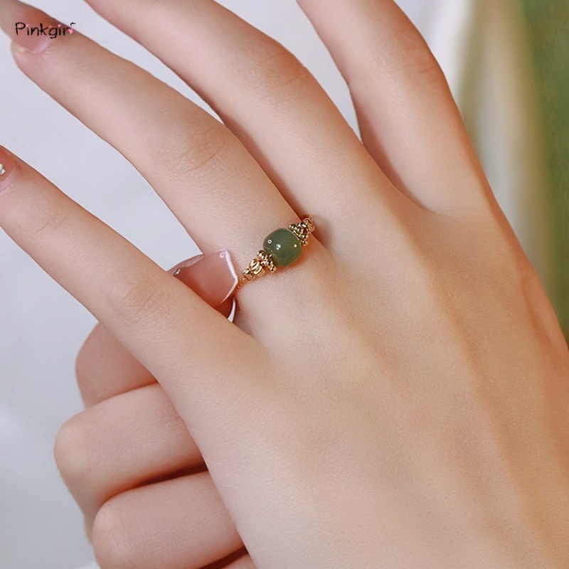 氣質優雅百搭仿玉髓綠珠招財戒指首飾個性時尚金屬開口可調節戒指女款