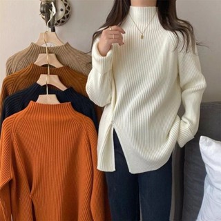 【JODIES】6色 開叉毛衣女 秋冬新款半高領毛衣 韓版針織打底衣 寬鬆開衩紐扣上衣 加厚套頭毛衣 長袖上衣女裝衣服