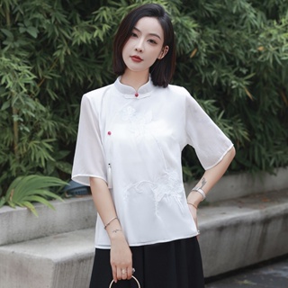 女上衣中式刺繡襯衫中式短袖復古白襯衫旗袍傳統領子