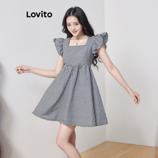 Lovito 女式休閒格紋荷葉邊洋裝 LBL07199