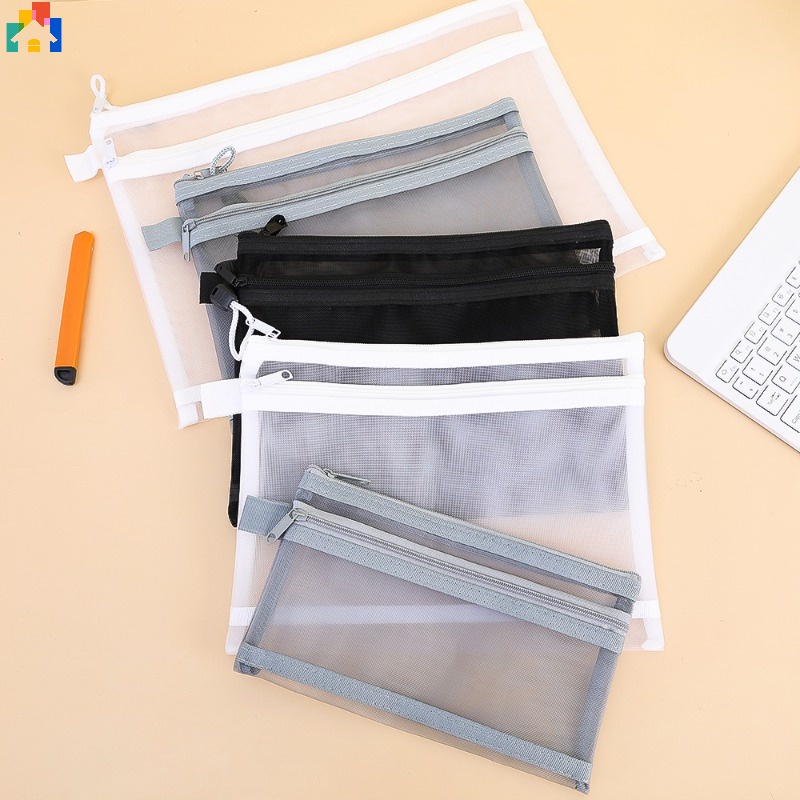 韓國極簡半透明a4/a5/a6雙層網眼拉鍊筆收納袋學校辦公用品便攜大容量筆袋學生文具化妝袋