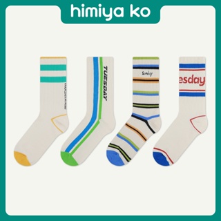 himiyako襪子女 新款簡約百搭撞色條紋中筒棉襪時尚潮流運動襪