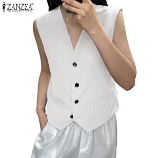 Zanzea 女式韓版無袖 V 領寬鬆單排扣背心