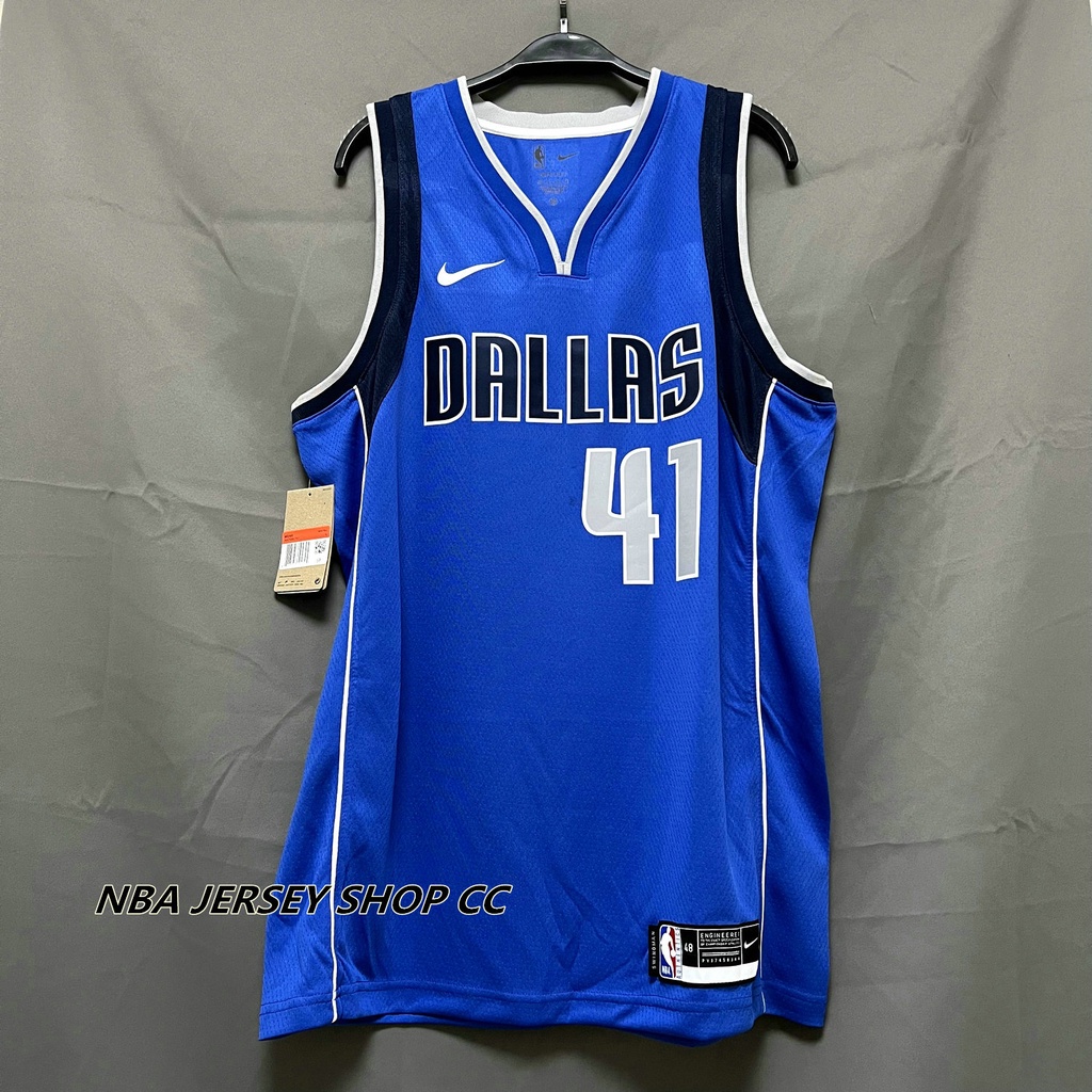 男式全新原創 NBA 達拉斯小牛隊 #41 Dirk Nowitzki Icon Edition 球衣熱壓藍色 HH