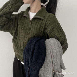 韓國chic秋冬厚實針織上衣女復古麻花半拉鍊短版毛衣外套