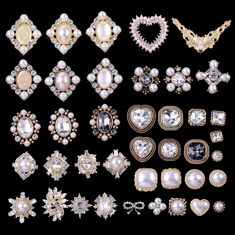 10顆 珍珠水鑽合金花盤鑽扣飾品配件diy手作服飾包包鈕扣配件現貨批發