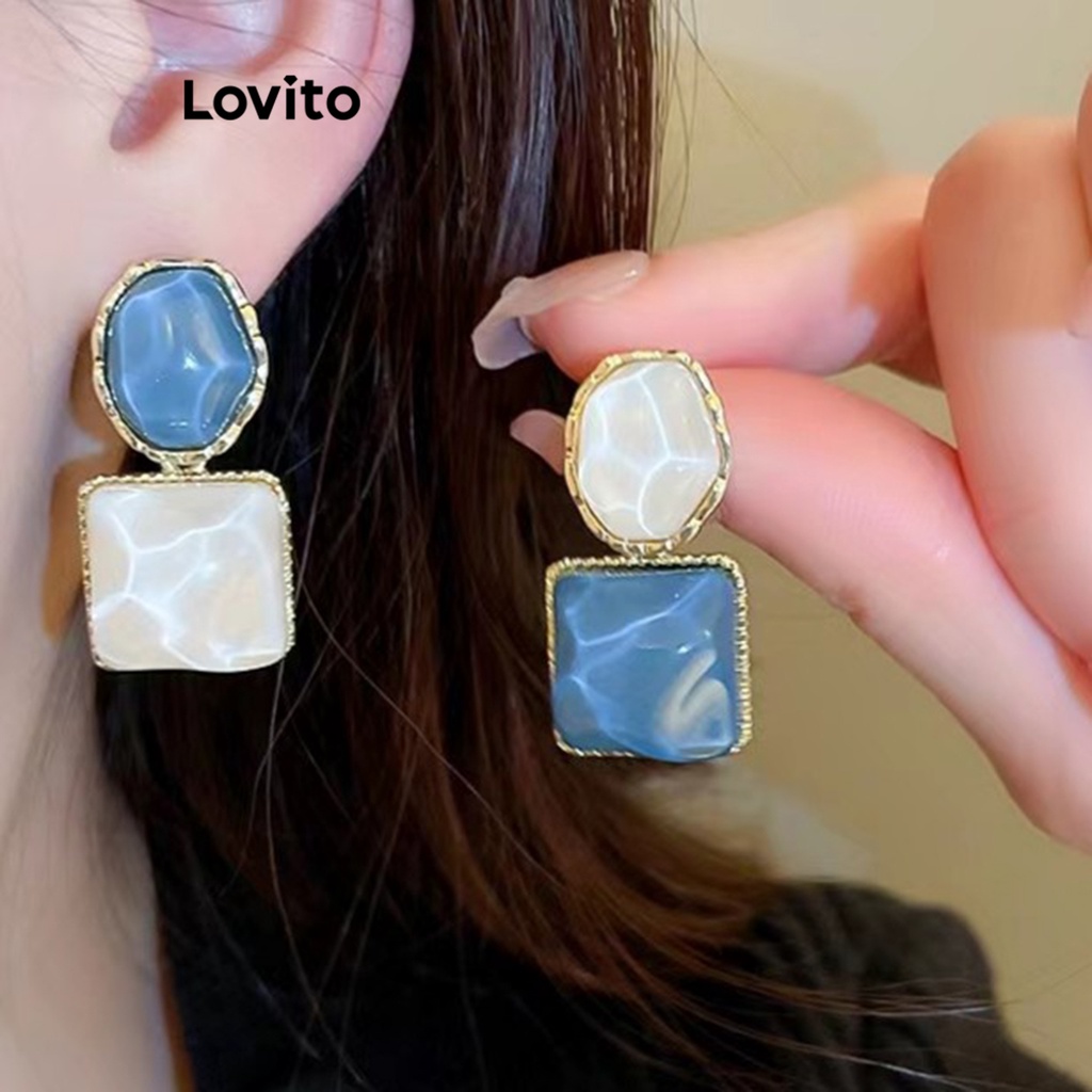 Lovito 優雅大理石不對稱寶石 925 銀針輕奢通勤時尚女耳環 LFA06226 (白色/綠色/藍色)
